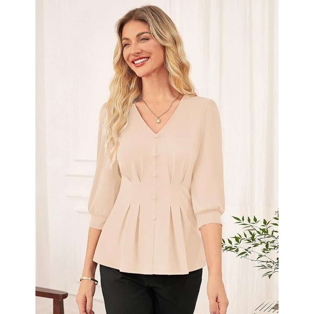 GRACE KARIN  Business Casual Blouse Spring 3/4 Sleeve Peplum Apricot M NEW - Picture 2 of 10